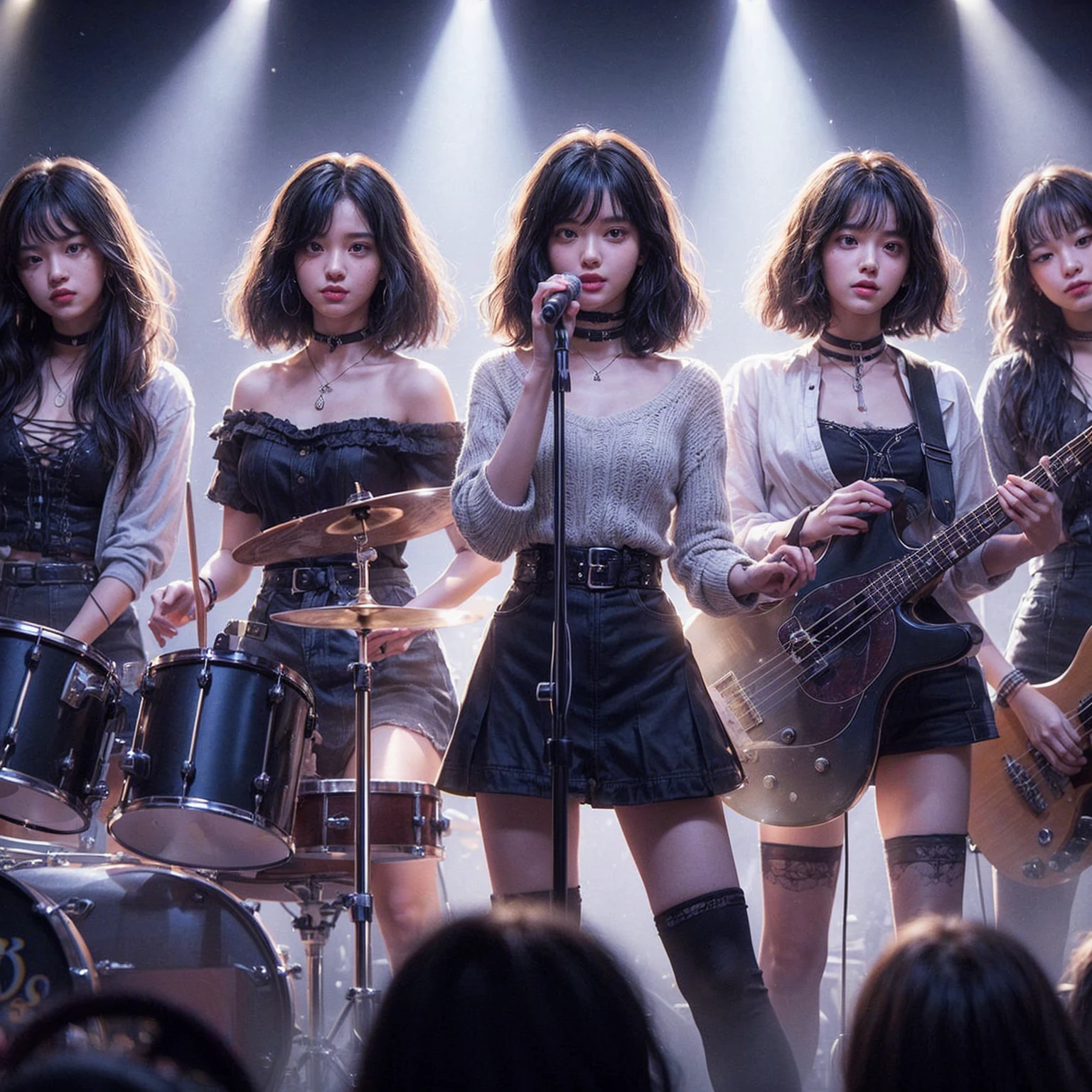 photo of 5 beautiful girls, ages 18 to 20, (((3 girls with messy black hair style)),((1 girl with wavy bob black hair style)),((1 girl with a black ponytail))), a girl band performing (((1 girl playing drums, 1 girl playing piano, 1 girl playing guitar, 1 girl playing bass guitar, 1 girl singing))), stage background, ultra HD, 4k, photorealistic, raw, masterpiece