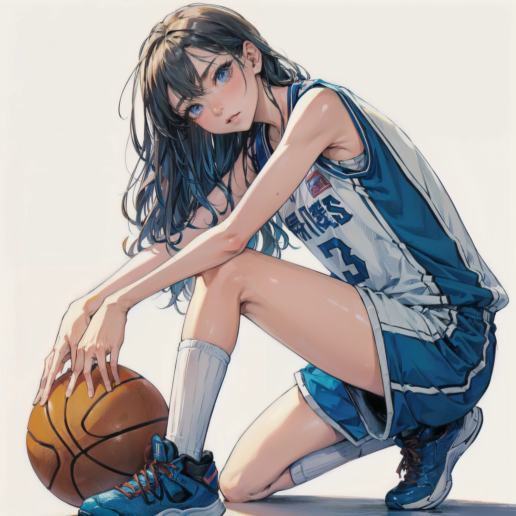 masterpiece, (textured skin), best quality, gorgeous beautiful girl, (a female basketball athlete), detailed clothes,large breasts,narrow waist,, (beautiful face), cinematic lighting, (at basketball venue ),