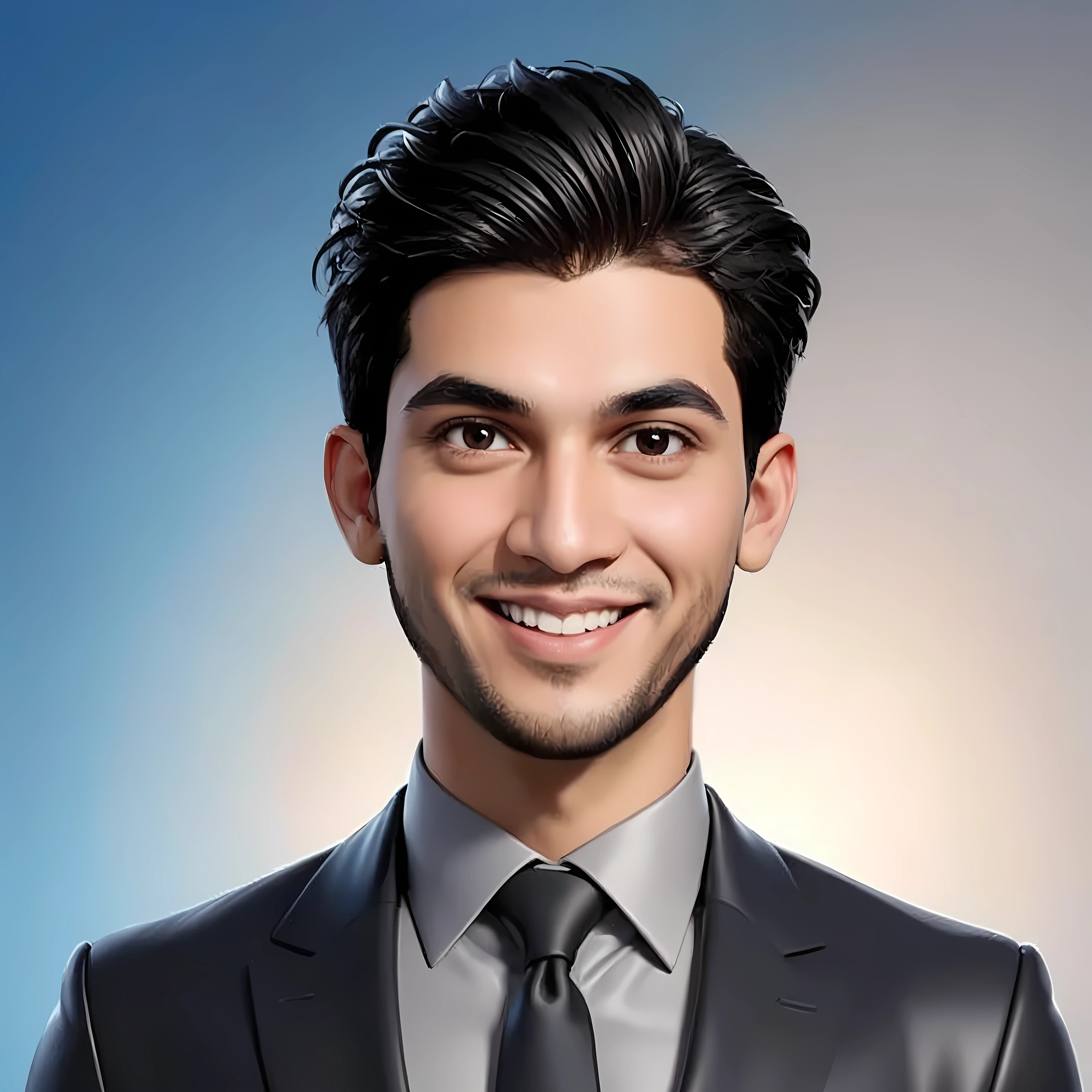 Create a full body portrait of cartoonish caricature 3D animation of a big-headed facing straight to the camera. a 25 years old Pakistani businessman. He has short black pixie cut hair. His face is oval with smooth lines, thick and neat black eyebrows, normal eyes, a small, sharp nose, and thin lips with a wide, friendly smile. He wore a black double breasted suit. Gradient blue background. masterpiece, top quality, highly detailed skin and face, ultra-realistic, high definition, sharp focus, Concept Art. Front facing, half body portrait, in a office environment