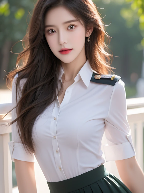 a beautiful woman in a pilot's uniform, a gorgeous female pilot, a beautiful girl, a stunning woman, a graceful woman in a mini skirt, detailed eyes, detailed lips, extremely detailed face, long eyelashes, slender waist, hyperrealistic, photorealistic, 8k, best quality, masterpiece, ultra-detailed, physically-based rendering, vivid colors, dramatic lighting, beautiful portrait, elegant fashion illustration