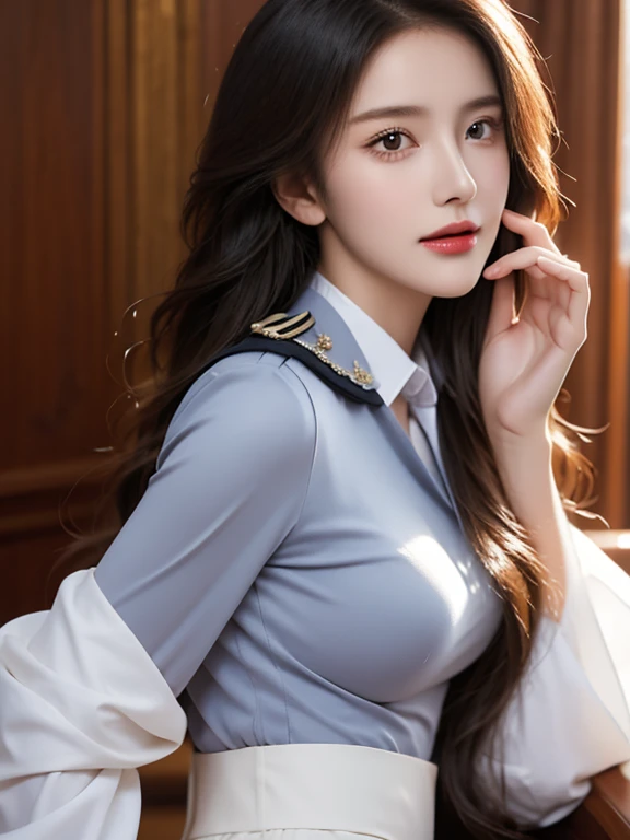 a beautiful woman in a pilot's uniform, a gorgeous female pilot, a beautiful girl, a stunning woman, a graceful woman in a mini skirt, detailed eyes, detailed lips, extremely detailed face, long eyelashes, slender waist, hyperrealistic, photorealistic, 8k, best quality, masterpiece, ultra-detailed, physically-based rendering, vivid colors, dramatic lighting, beautiful portrait, elegant fashion illustration