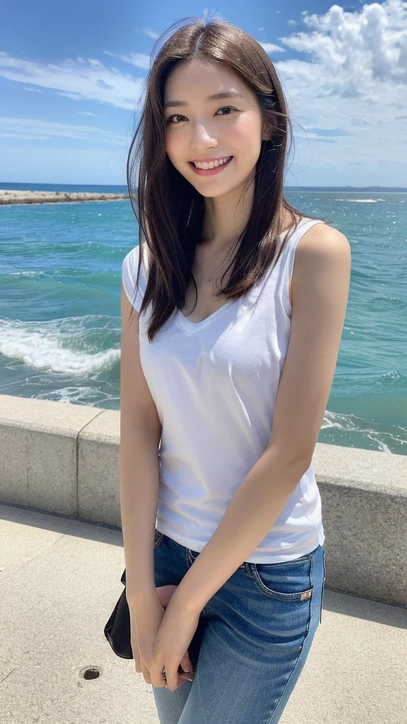 ((finest masterpiece)), ((Highest quality)), ((Genuine)), ((8K)), 1 girl, Japanese, 24-years-old, so beautiful, model, whole body, thin, model, ソニー一眼レフphotograph, blonde, Long Hair, short hair, Looking at the camera,smile, Background Real, Ocean、Europe, art, photograph,