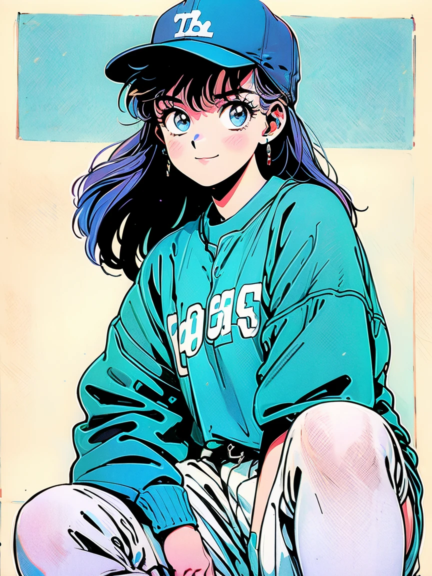 dodgers uniform、Wearing a Dodgers hat、white shorts style、Knee-high socks、Japan woman with cute smile、Nice body、1990s anime style