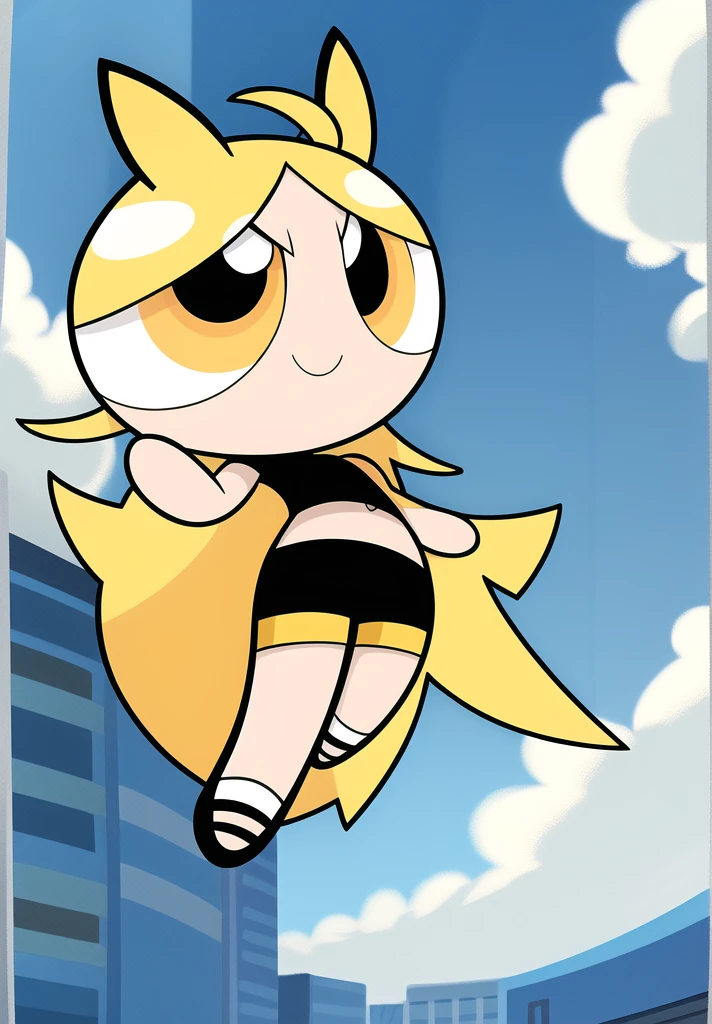 (( blue sky long hair)), smile, chibi, full body,1girl, (( yellow eyes )), Black short-sleeved shirt showing off your stomach, black shorts