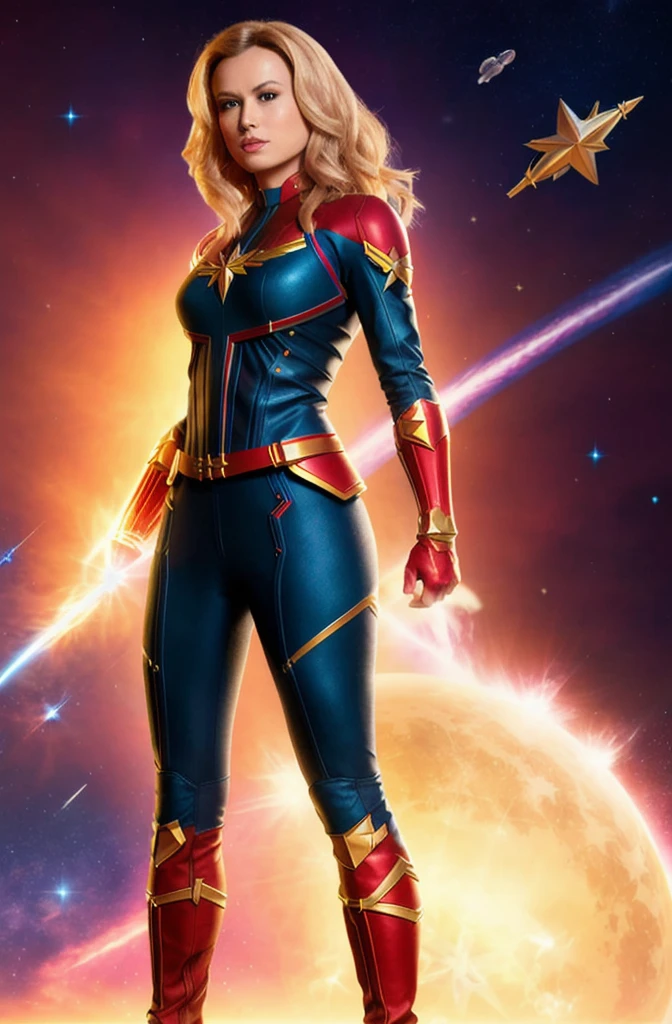 Starlight , medium hair, full body portrait, wearing Captain Marvel outfit, sexy, flying in space