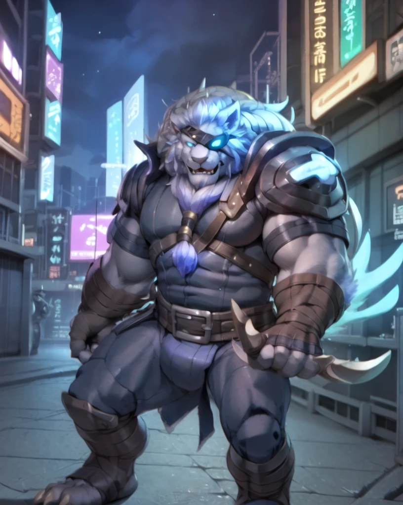 (by narse, by null-ghost, by darkgem, by personalami), rengar \(lol\), lion, blue eyes, claws, detailed background, eyepatch, hindpaw, male, clothed, topwear, bottomwear, cyberpunk, akihabara, tokyo, street, night, neons