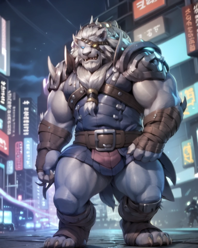 (by narse, by null-ghost, by darkgem, by personalami), rengar \(lol\), lion, blue eyes, claws, detailed background, eyepatch, hindpaw, male, clothed, topwear, bottomwear, cyberpunk, akihabara, tokyo, street, night, neons