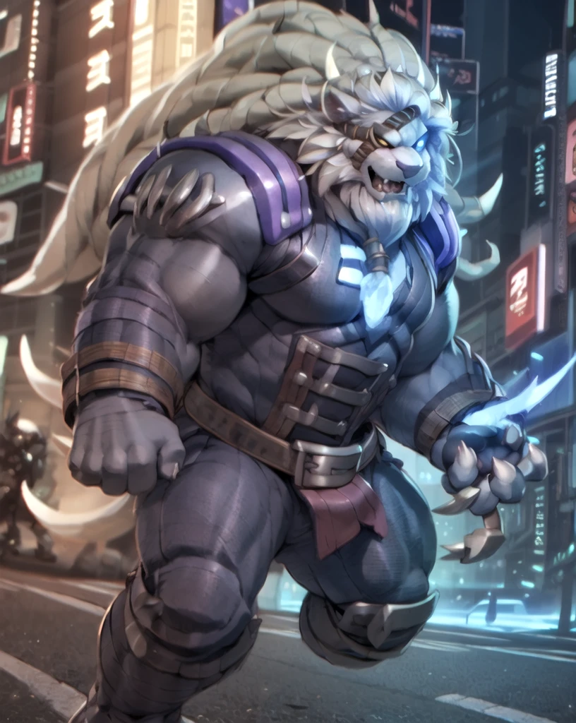 (by narse, by null-ghost, by darkgem, by personalami), rengar \(lol\), lion, blue eyes, claws, detailed background, eyepatch, hindpaw, male, clothed, topwear, bottomwear, cyberpunk, akihabara, tokyo, street, night, neons