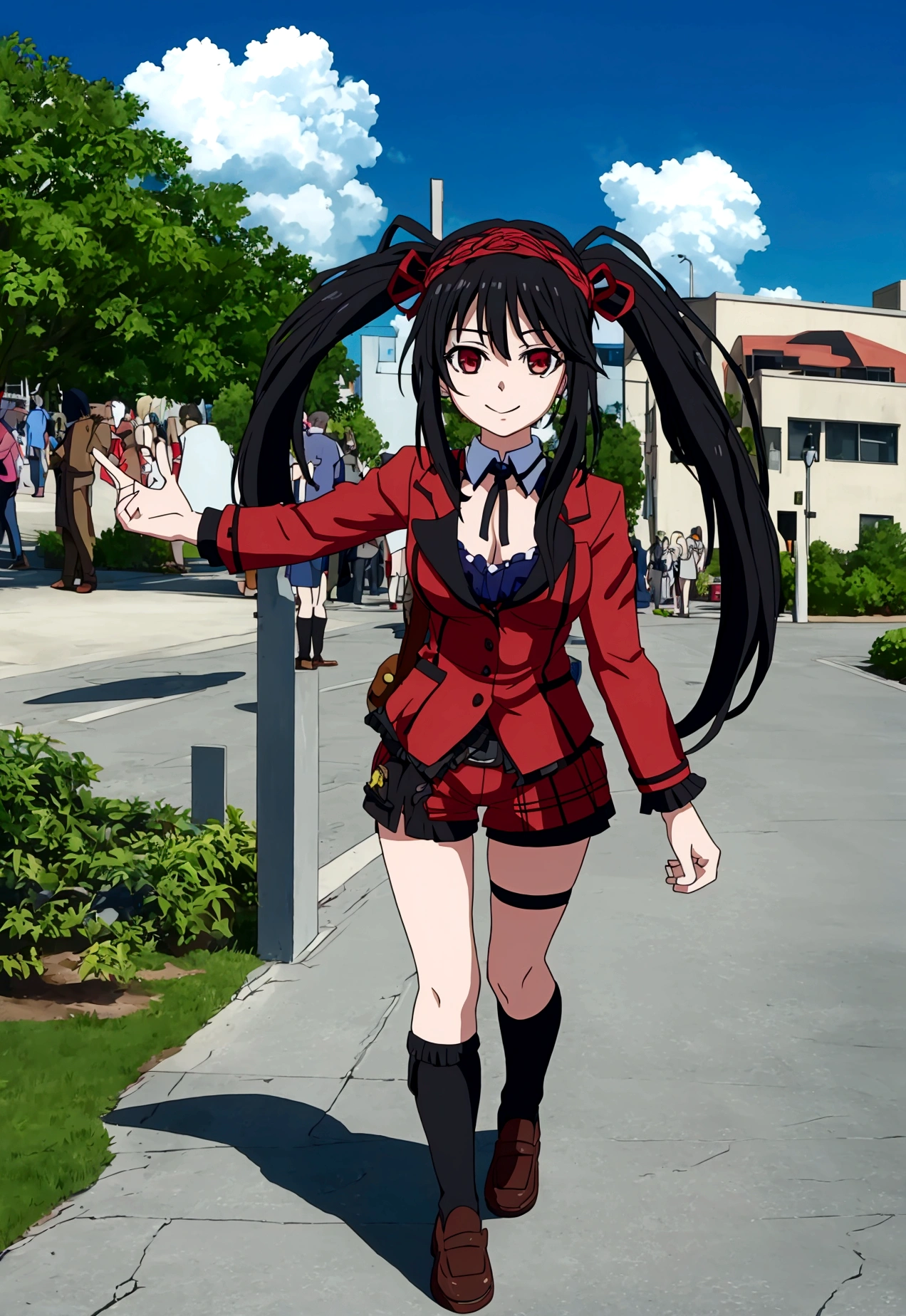 ultra-detailed,highly detailed,best quality,masterpiece,illustration,realistic, photo,photorealistic,
1girl, tokisaki kurumi,cosplay,hair over one eye, looking at viewer, happy girl,low twintails,
, hotpants, hair rings, loafers,
Outdoors, walking, station
