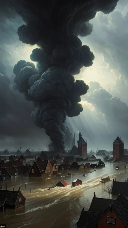 A massive flood in the year 1421 sweeping through the Netherlands, submerging 72 villages with houses and trees underwater, a dark and stormy sky, people struggling against the floodwaters, devastation, historical painting style"
