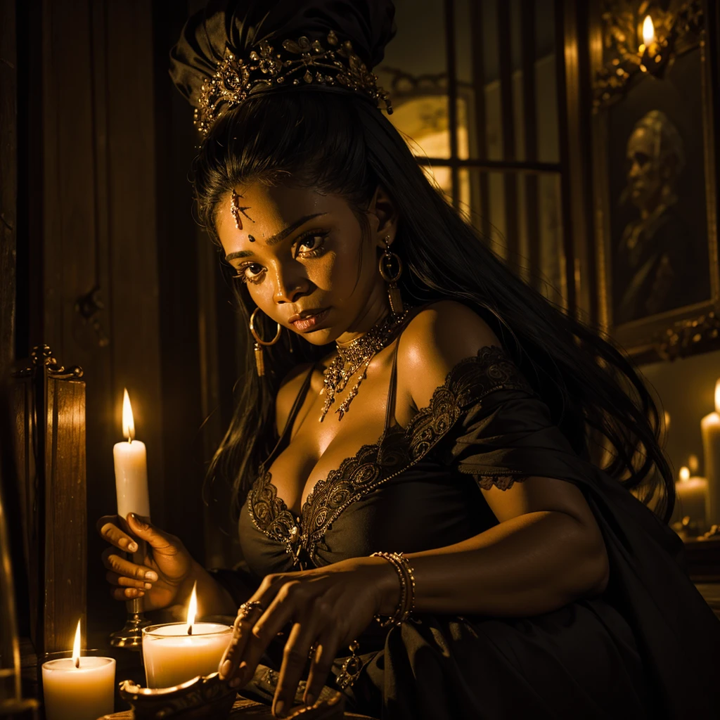 A Cuban woman doing a voodoo ritual, around her there are undead people