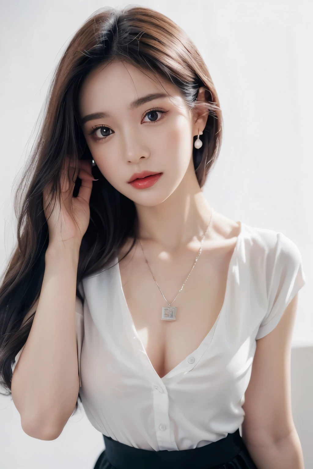 female, beautiful, amazing face and eyes, cosmetics,(Extremely detailed beautiful face), (sexiest pose), (best quality), (very detailed), (very detailed CG 통합 8k 벽지), (standing), (pure white background),(black hair),(big eyes),(soft light source),(),red glossy lips,wear a pendant, White button-up shirt,black skirt,(Character is centered)