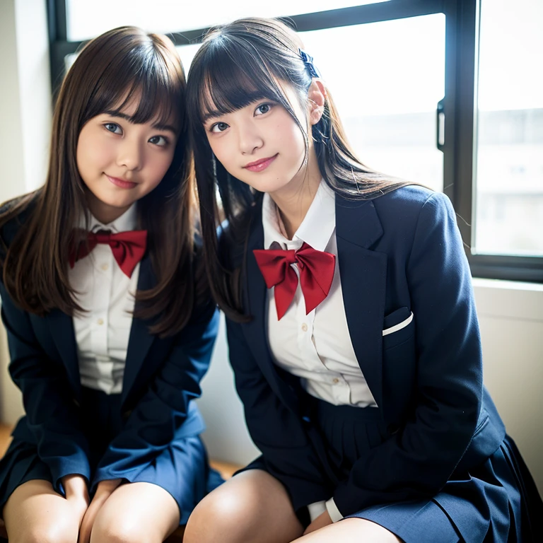 2 girls in classroom near window,navy blue blazer,white shirt with red bow tie,navy blue pleated skirt,navy blue knee-high socks,18-year-old,bangs,a little smile,thighs,knees,straight hair with barrette,from below,front-light