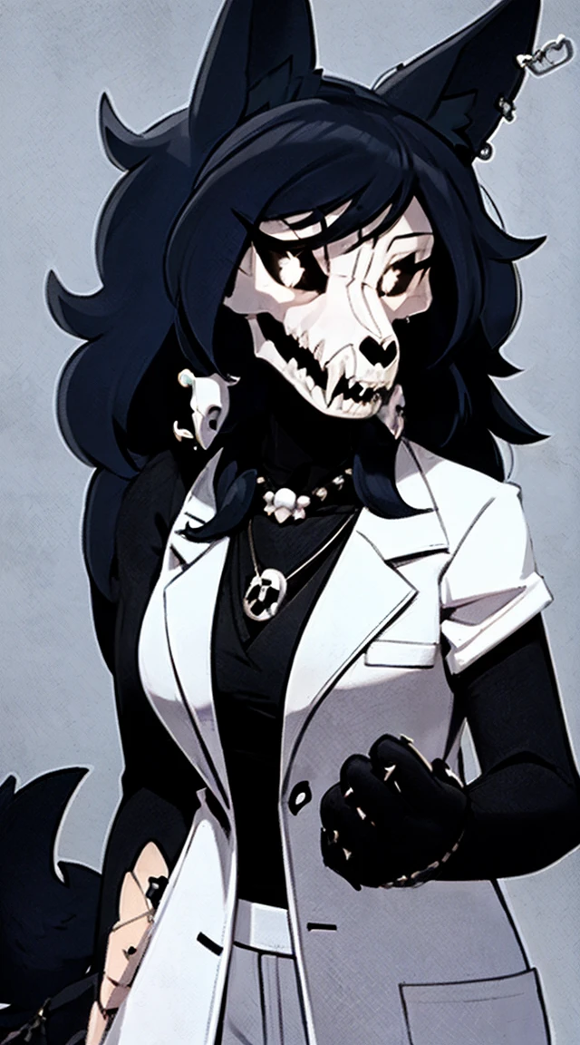 (round pupils, white eyes, black sclera), bit, (black necklace:1.6), masterpiece, Best quality, detailed realistic fur, (white lab coat:1.3), (sports trousers:1.3), (navy blue sweatshirt:1.3), (Background - living room), detailed background, detailed face, detailed eyes, detailed fluffy fur, fluffy tail, dressed, cloth, (Ear piercing:1.7), several poses, holding a tablet, Black skin, black hair, black fur, SFV, safe to work, detailed skull, Multiple angles, good anatomy, Several expressions, Multiple hairstyles, fangs