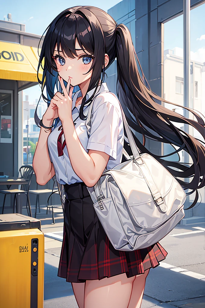 The young girl borrowed her whole body with a cute expression.