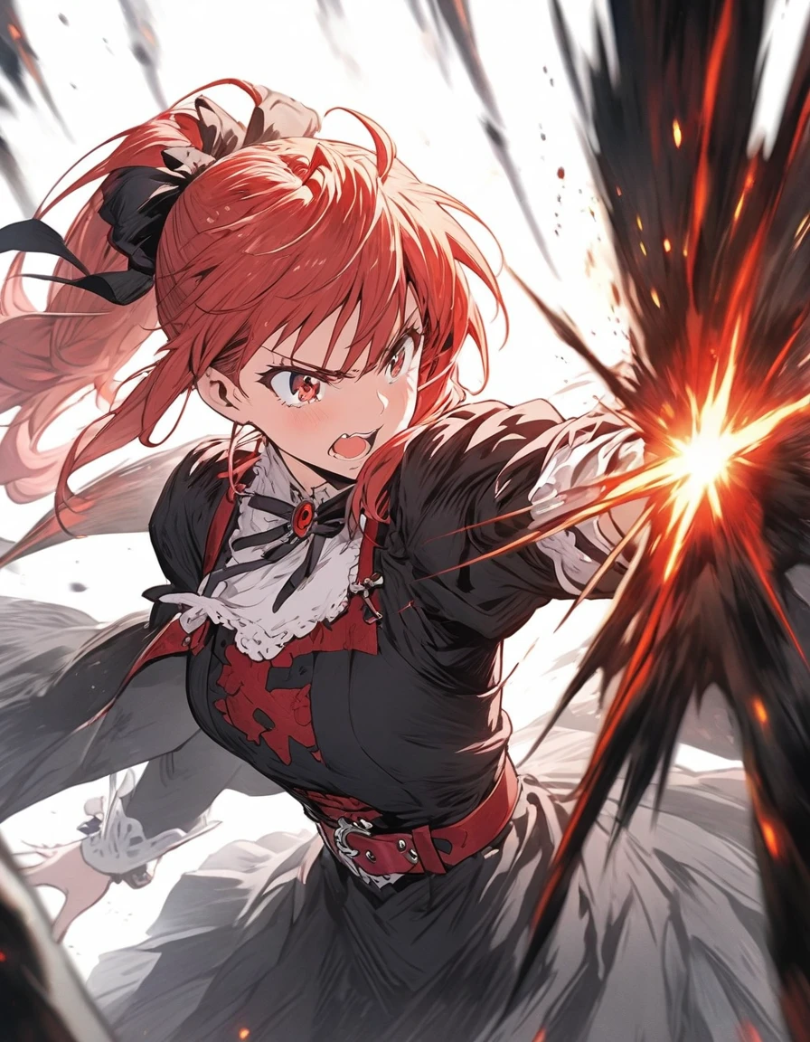 Hidden Contempt　Elegant appearance　Red hair middle　Superior fighting ability　excellent　Girl　Belt on torso　Japanese anime hand drawn illustration　Gothic