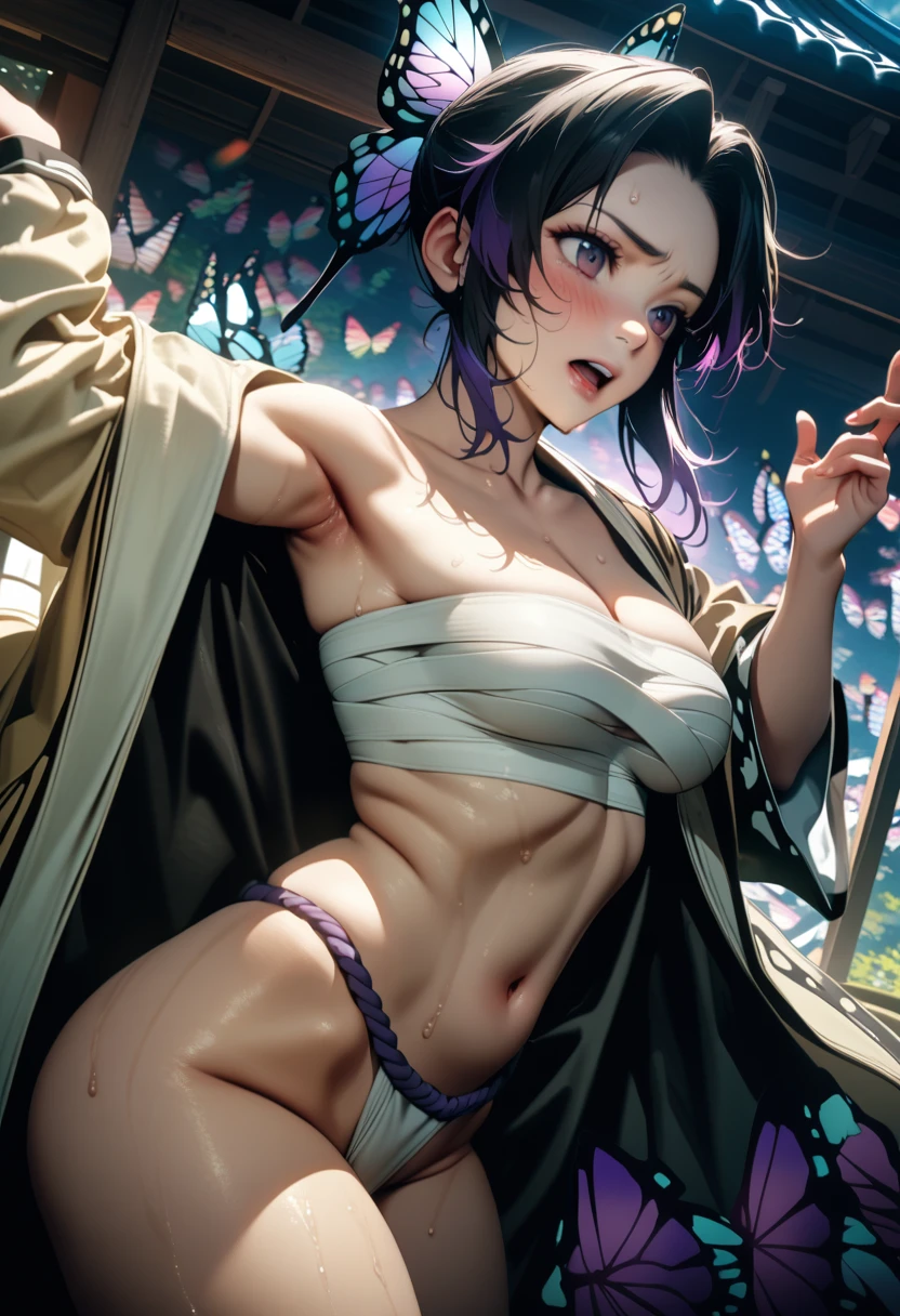 k0ch0ush1n0bu, shinobu kochou, (Taisho era:1.2),naked, black hair, ((flying many butterfly background:1.5)), butterfly hair ornament, butterfly print, forehead, gradient hair, hair ornament, haori, multicolored hair, parted bangs, purple hair, short hair, two-tone hair,(purple japanese fundoshi:1.2),butterfly print, coat,,1  japanese muscular girl,perfect hands, perfect finger,perfect anatomy, masterpiece, best quality,realistic, hyperrealistic, 16k hdr,medium breasts,cleavage,outdoor,night,japanese old garden,,sweat,embarrassment,red blush,dynamic pose,navel,dynamic angle,sexy pose for photo,(japanese sarashi:1.2),standing