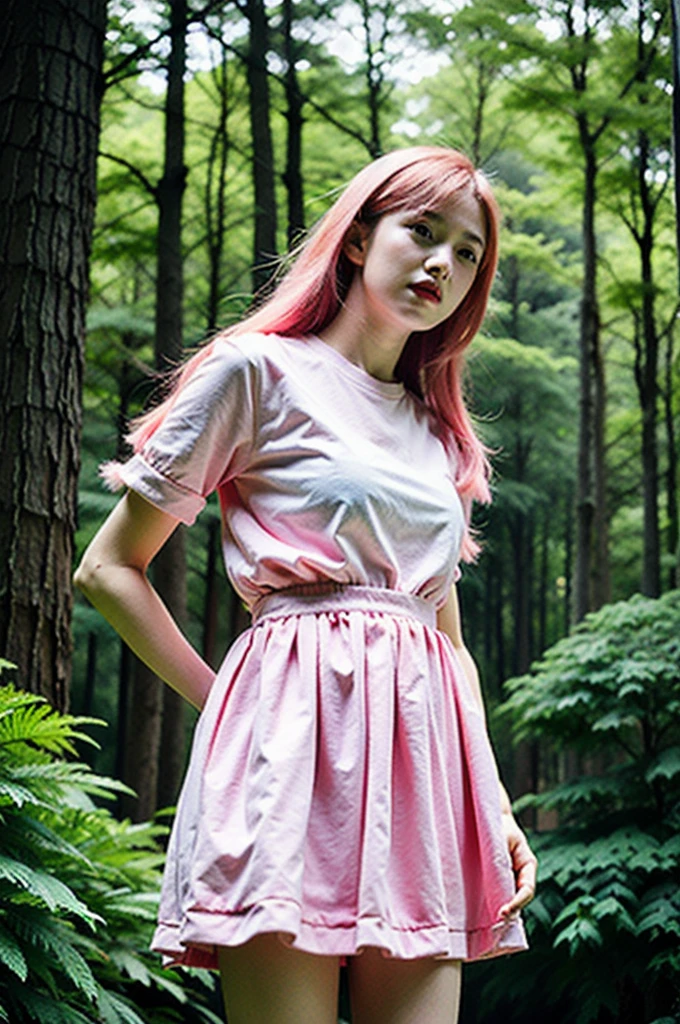 Best Quality,Masterpiece,Ultra High Resolution,(Realisticity:1.4),Original Photo,
1girl,pink hair,,forest,