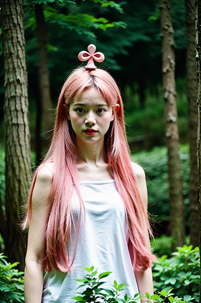 Best Quality,Masterpiece,Ultra High Resolution,(Realisticity:1.4),Original Photo,
1girl,pink hair,,forest,