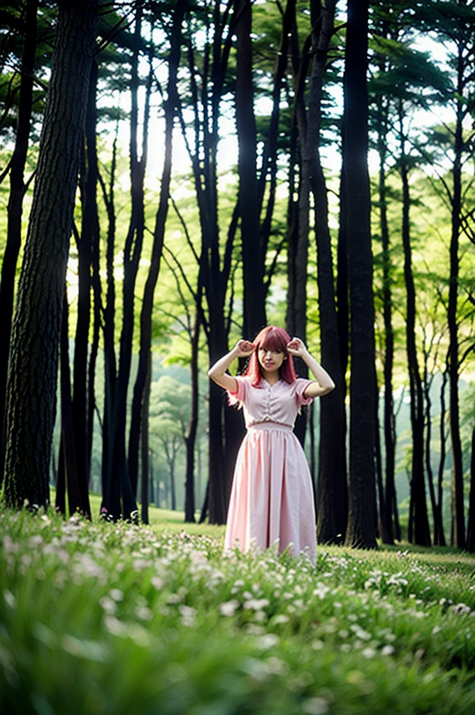 Best Quality,Masterpiece,Ultra High Resolution,(Realisticity:1.4),Original Photo,
1girl,pink hair,,forest,