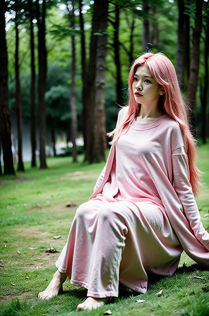 Best Quality,Masterpiece,Ultra High Resolution,(Realisticity:1.4),Original Photo,
1girl,pink hair,,forest,