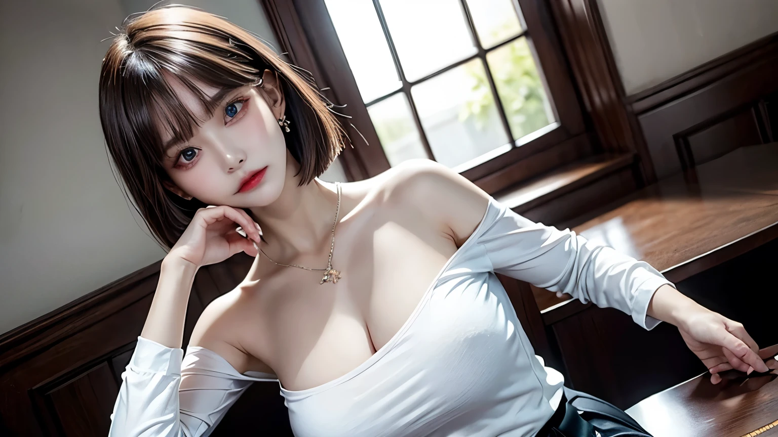 1girl, solo, breasts, jewelry, skirt, necklace, shirt, looking at viewer, indoors, long cleavage, short hair, bare shoulders, off shoulder, black shirt, standing, off-shoulder shirt, long sleeves, blue eyes, realistic, flower, lamp, black hair, pencil skirt, bangs, miniskirt, table, sagging breasts, lips, collarbone, vase, white skirt, brown hair, earrings, side slit, bob cut, white flower, huge breasts, closed mouth, high angle shot,