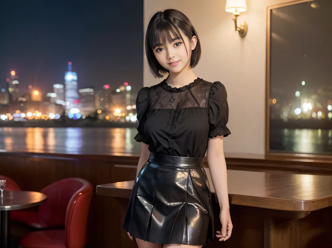 (Highest quality, masterpiece, Ultra-high resolution, 8K, RAW Photos, Realistic, Anatomically correct:1.5), 20-year-old girl:1.2, Embarrassing, avert your eyes, blush:1.0, View Viewer, ((Bar Lounge)) 、Night view、 Light:1.2, Bokeh, Cinema Lighting:1.0, Depth of written boundary, sharp、 Cute face、Idol、Black short sleeve lace top、Black pleated skirt、Black clothing、”dwarf”、(Floral clothes)、(Full Body Shot)、Side angle、Cowboy Shot、 smile、(Ultra short hair)、(Short bob cut)、(Straight bangs)、((See-through))、(( One Girl))、Large Breasts、