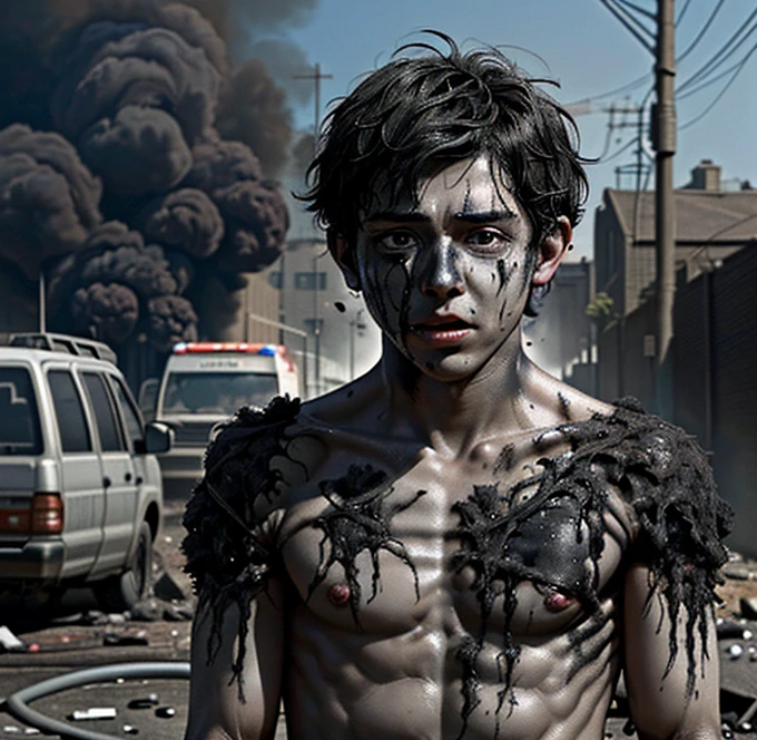 A boy is left in tatters and covered in soot after a bomb explodes in front of him in a comedy movie