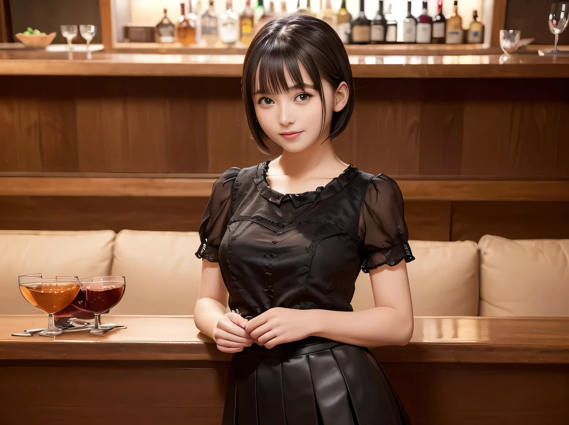(Highest quality, masterpiece, Ultra-high resolution, 8K, RAW Photos, Realistic, Anatomically correct:1.5), 20-year-old girl:1.2, Embarrassing, avert your eyes, blush:1.0, View Viewer, ((Bar Lounge)) 、Night view、 Light:1.2, Bokeh, Cinema Lighting:1.0, Depth of written boundary, sharp、 Cute face、Idol、Black short sleeve lace top、Black pleated skirt、Black clothing、”dwarf”、(Floral clothes)、(Full Body Shot)、Side angle、Cowboy Shot、 smile、(Ultra short hair)、(Short bob cut)、(Straight bangs)、((See-through))、(( One Girl))、Large Breasts、
