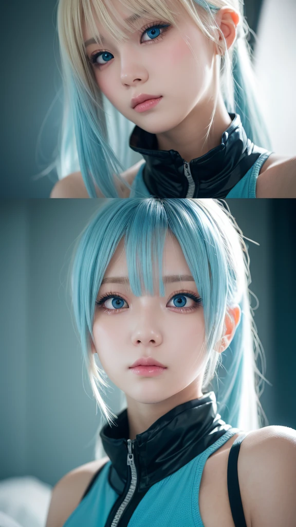 blonde hair, colored inner hair, light blue hair, ponytail, mask removed, dilated pupils, parted lips, anime style, depth of field, first-person view, UHD, best quality