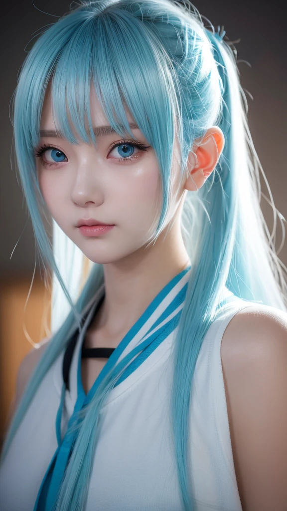 blonde hair, colored inner hair, light blue hair, ponytail, mask removed, dilated pupils, parted lips, anime style, depth of field, first-person view, UHD, best quality