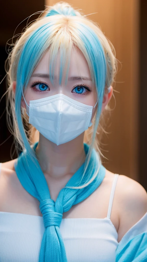 blonde hair, colored inner hair, light blue hair, ponytail, mask removed, dilated pupils, parted lips, anime style, depth of field, first-person view, UHD, best quality