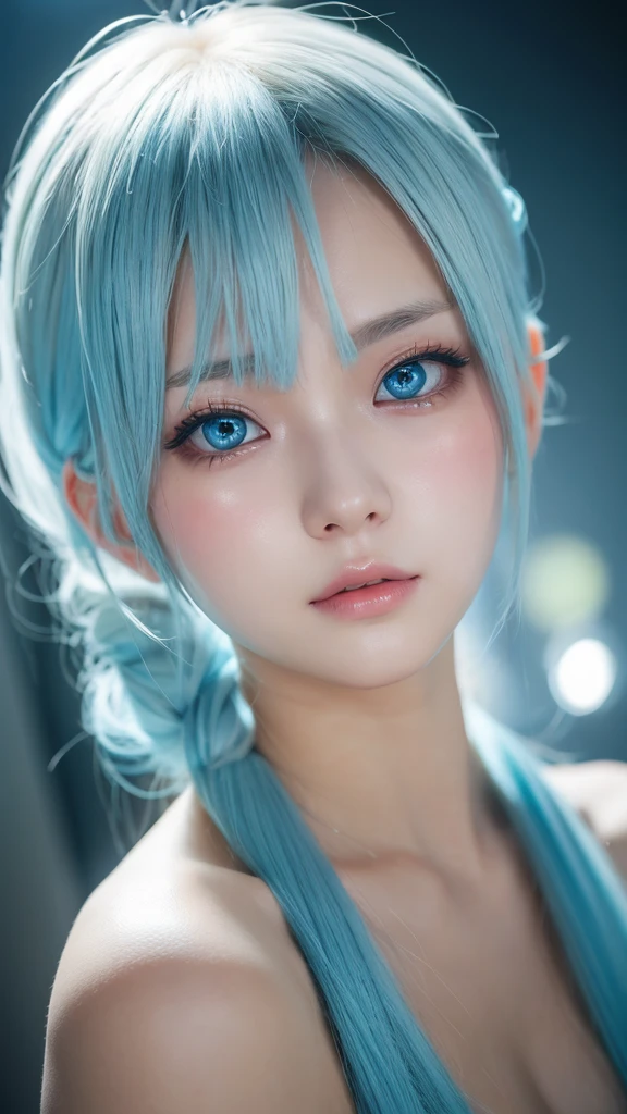 blonde hair, colored inner hair, light blue hair, ponytail, mask removed, dilated pupils, parted lips, anime style, depth of field, first-person view, UHD, best quality
