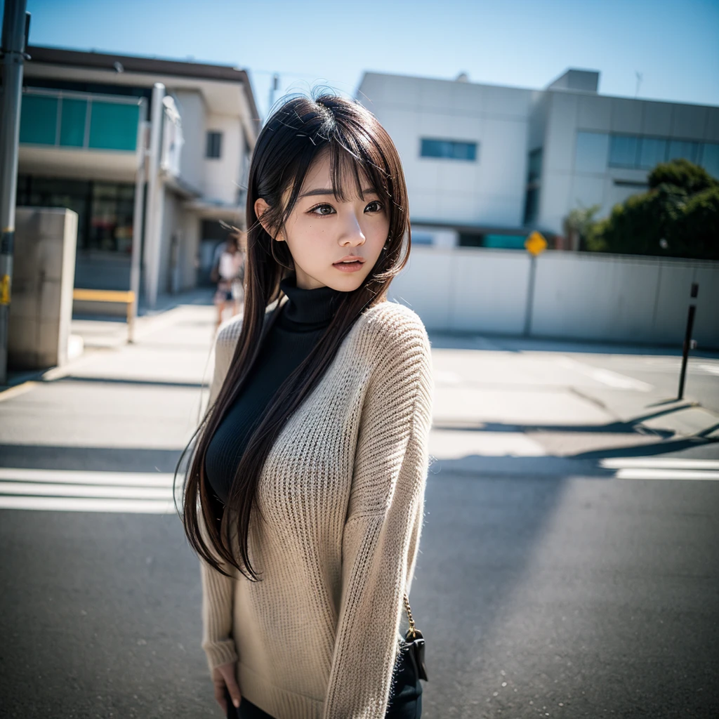 (huge tit、Turtleneck Knitwear、Shoulder bag)、(highest quality,masterpiece:1.3,超A high resolution,),(super detailed,caustics),(Photoreal:1.4,RAW shooting,)ultra-realistic capture,very detailed,High definition 16K for human skin、 Natural skin texture、、Skin looks even-toned and healthy、 Use natural light and color,one woman,25 years old Japanese,,cute,black haired,middle hair,(Depth of the bounds written、chromatic aberration、、wide range of lighting、natural shading、)、(hair swaying in the wind:1.2)、Tokyo cityscape