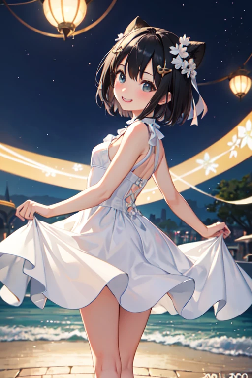 Highest quality、Black Hair、Iris、short hair、girl、cute、30 years old、、Small hair ornament、1 person、Cute one piece dress、The skirt is short、Date、The location is Disneyland、A happy look、Happy smile、Look back at me、