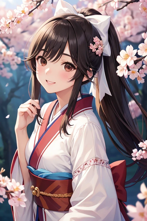 Gaoling loves flowers、 Shiny brown long hair、White ribbon ponytail,、Beautiful brown eyes、smile、Sparkling eyes, (fine grain)、Very detailedな目、Very detailed顔, Very detailed目, 

masterpiece, Highest quality, High resolution, (Highest quality,masterpiece:1.2),Absurd,High resolution,Very detailedな,Very detailed,32k,8K resolution, Intricate details,Movie Scenes,Detailed Background,alone,Dynamic Angle, masterpiece, Highest quality, High resolution,

 1 person, , Japanese Kimono, cherry blossoms, Upper body depiction, フレンドリーなsmile, Open your lips, Upward glance, 8K,