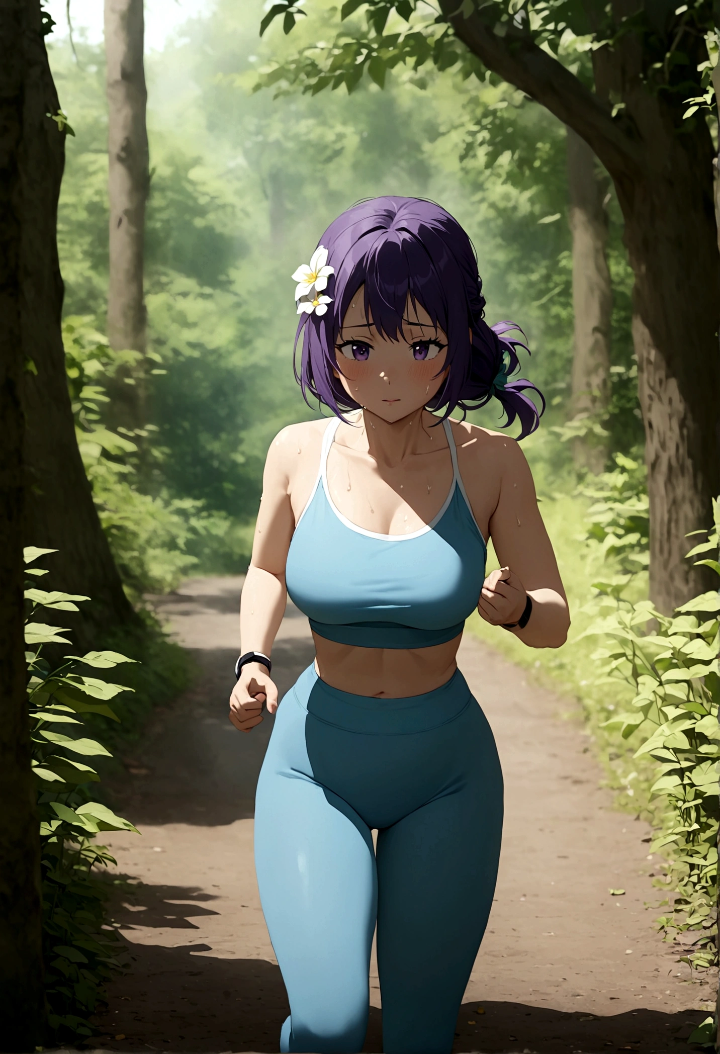 Anime girl with very long dark purple hair and a flower hair accessory jogging in the woods as she's sweating so much although she keeps a calm face as she's taking her breathe wearing sports leggings