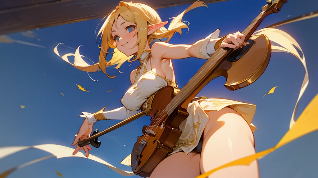 Anime Style,Nostalgic,Detailed background,The medieval world,A bustling square with many people,Smiling bard beautiful elf girl,violin,Large Breasts,Underarm,Healthy thighs