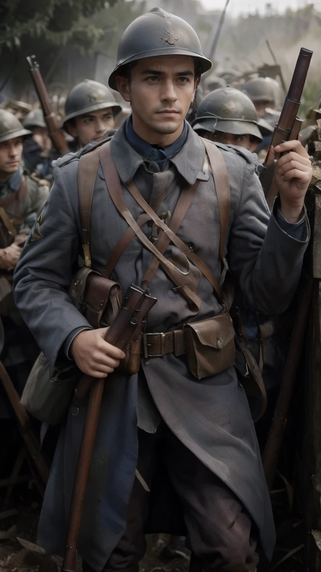 (masterpiece), best quality, expressive eyes, perfect face, All quiet on western Front, man, trenches, dirty, uniform, realistic, HD, Rifle
