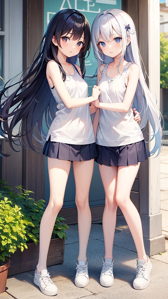 Very cute 11 year old twin girls、Long Hair、Tank top、Miniskirt, White Skin