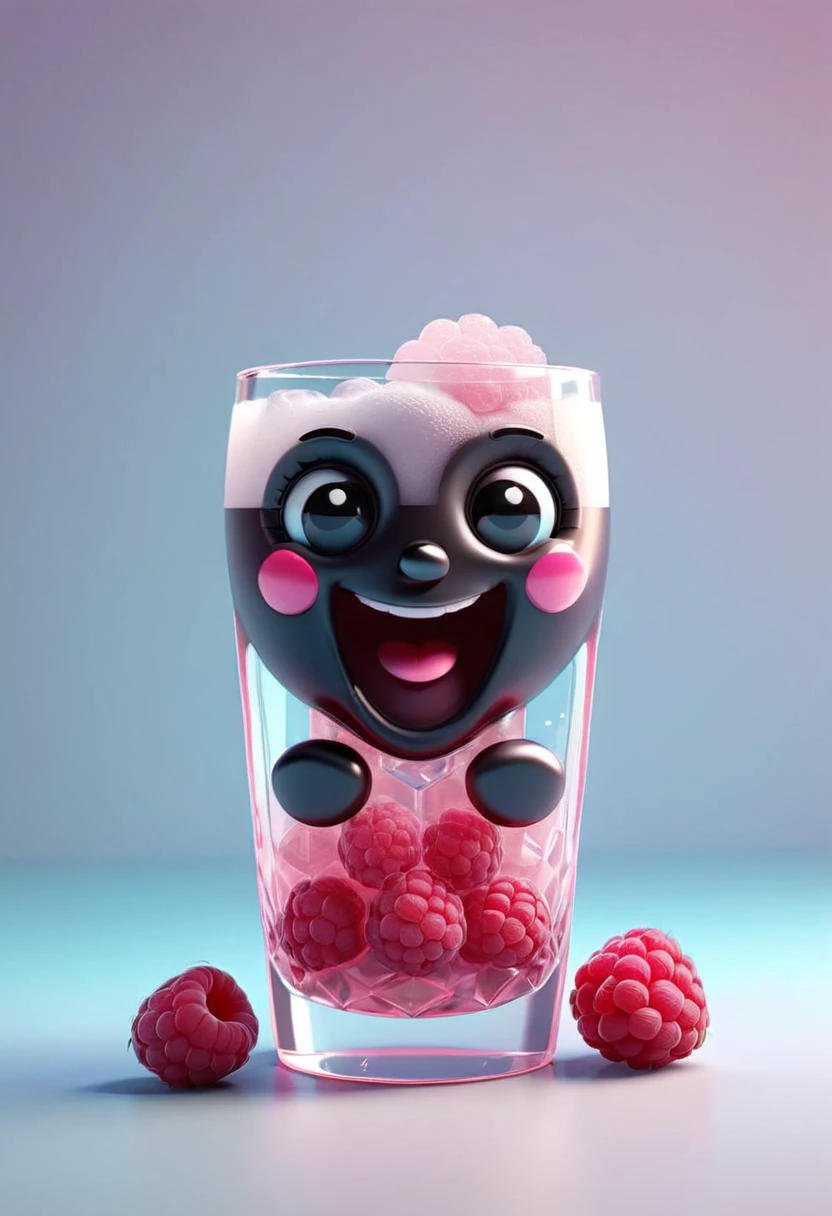 3D Isometric, Blender Rendering, Soft colors, A cute little black vodka is smiling, Raspberries and ice in the background Two-tone lighting, Abstract geometric gradient, geometric shapes, Simple Background