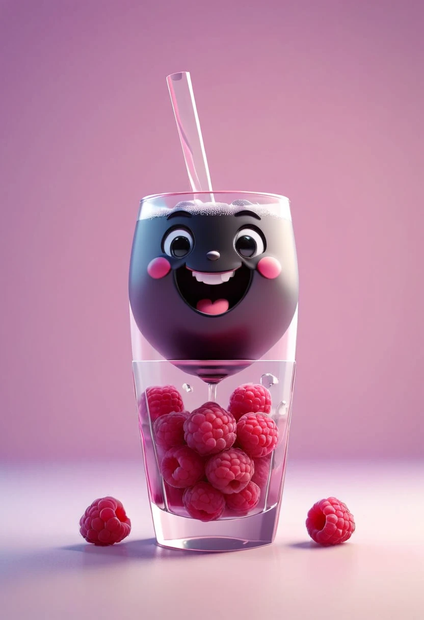 3D Isometric, Blender Rendering, Soft colors, A cute little black vodka is smiling, Raspberries and ice in the background Two-tone lighting, Abstract geometric gradient, geometric shapes, Simple Background
