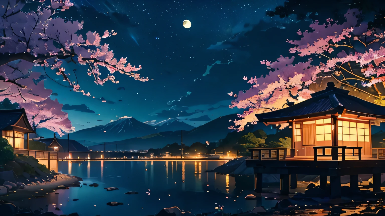 A rural landscape and park with a view of the sea (time: night). A Japanese town. Cherry blossoms at night. Shadow of an island on the horizon. Stars and moon shining in the night sky. Japanese animation style, digital art.