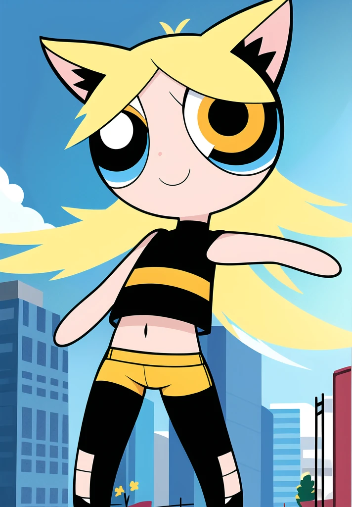 ((blue sky hair)), ((long hair)), smile, chibi, full body,1girl, (( yellow eyes )), Black short-sleeved shirt showing off your stomach, black shorts