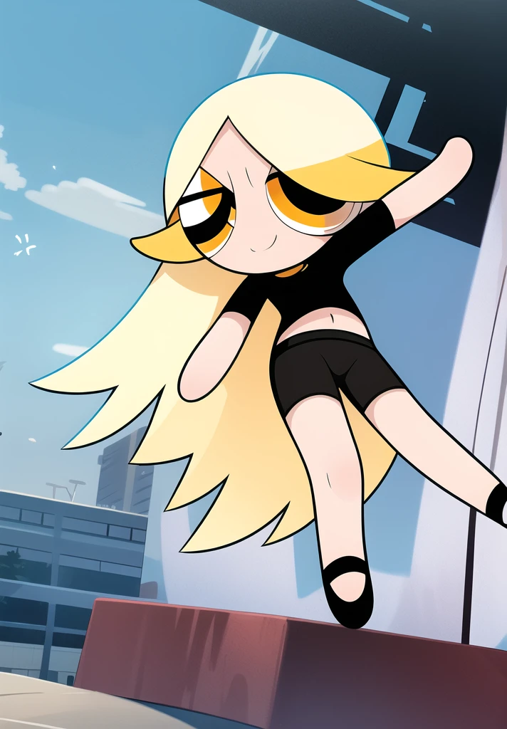 ((blue sky hair)), ((long hair)), smile, chibi, full body,1girl, (( yellow eyes )), Black short-sleeved shirt showing off your stomach, black shorts