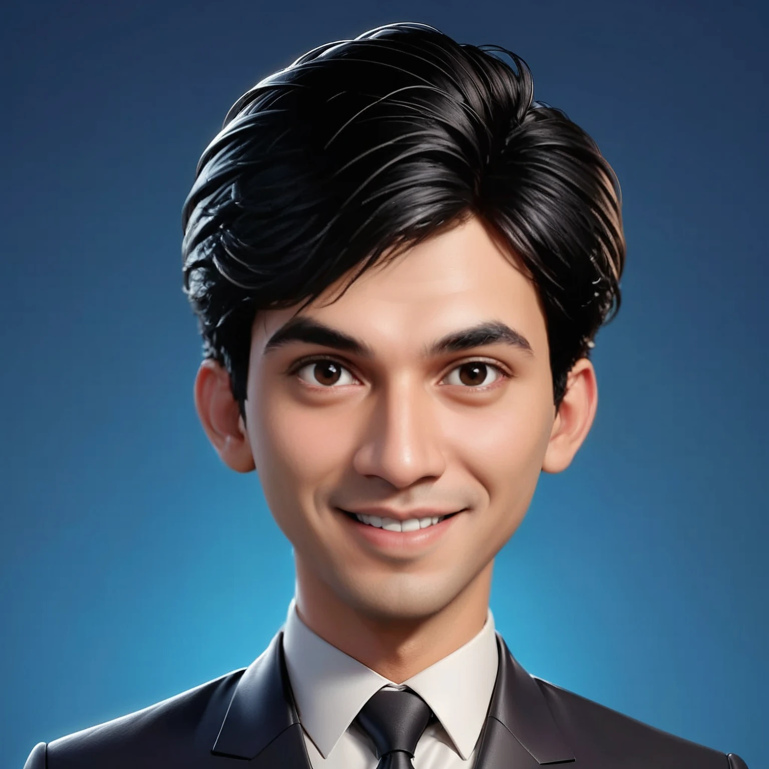 Create a full body portrait of cartoonish caricature 3D animation of a big-headed facing straight to the camera. a 25 years old Pakistani businessman. He has short black pixie cut hair. His face is oval with smooth lines, thick and neat black eyebrows, normal eyes, a small, sharp nose, and thin lips with a wide, friendly smile. He wore a black double breasted suit. Gradient blue background. masterpiece, top quality, highly detailed skin and face, ultra-realistic, high definition, sharp focus, Concept Art. Front facing, medium wide angle shot, in a office environment.