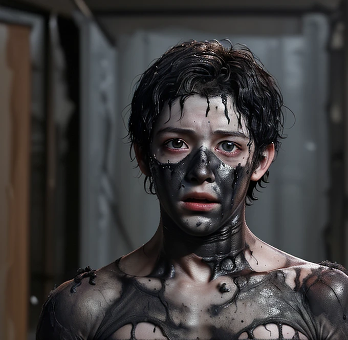 A boy is left in tatters and covered in soot after a bomb explodes in front of him in a comedy movie