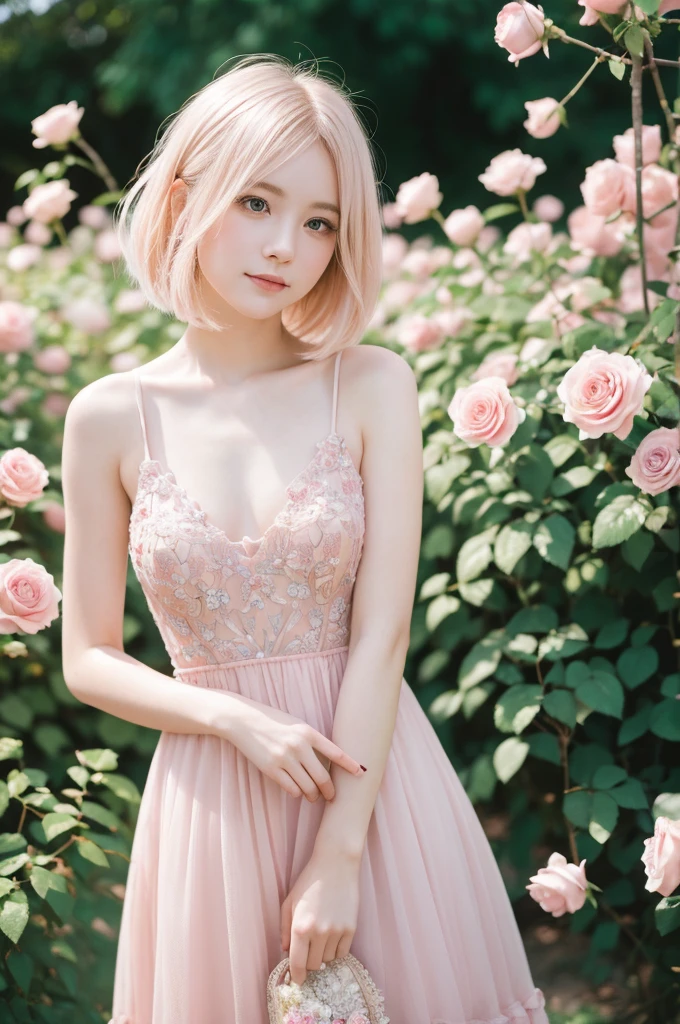 8K, RAW Photos, Fujifilm, Avril-like style photo of a beautiful young woman in a garden of pale pink roses (Highly detailed skin: 1.2) Style Petal Break Short Hair, Blonde and colored hair, Wearing a dress, Film Granulation, 35mm, Cute Style