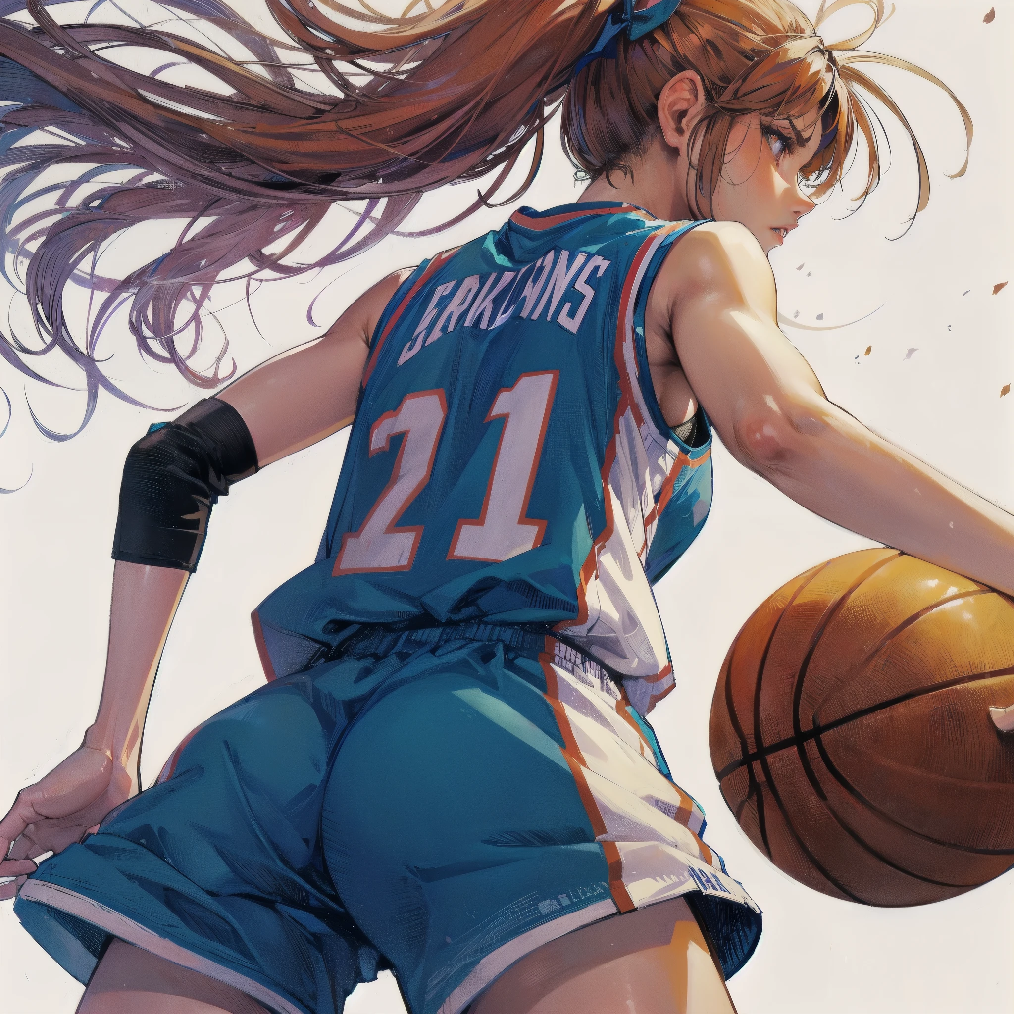  masterpiece, (textured skin), best quality, gorgeous beautiful girl, (a female basketball athlete), detailed clothes,large breasts,narrow waist,, (beautiful face), cinematic lighting, (at basketball venue ),