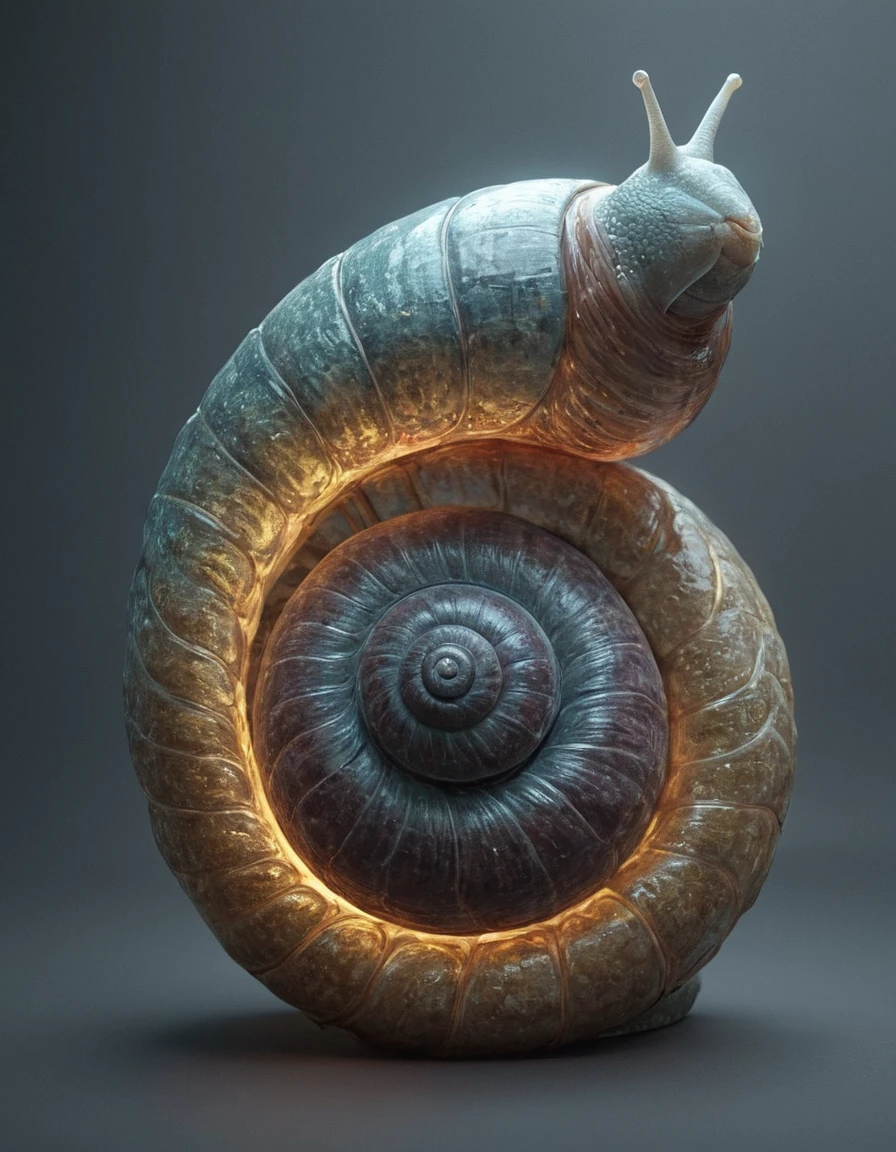 fantasy glowing colorful snail spiral, blinking, highly detailed, photorealistic, complex structure, many details,,